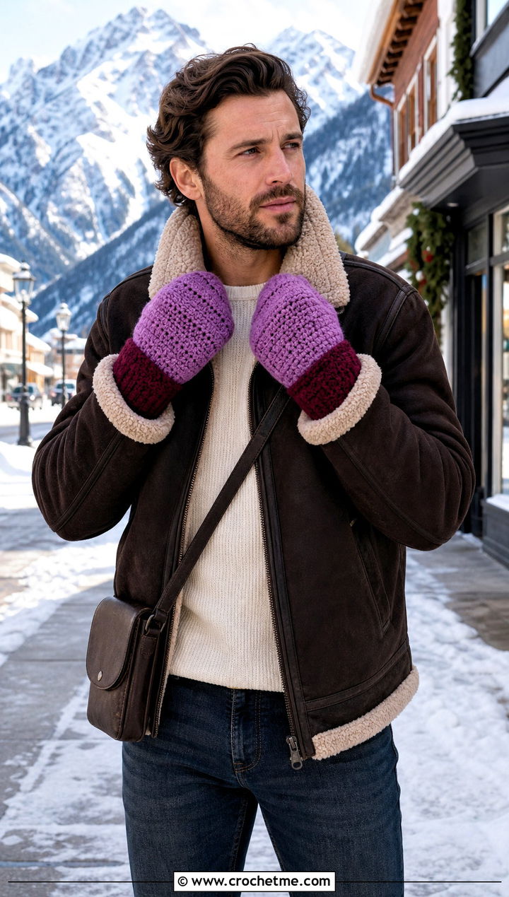 Two Tone Crochet Mittens With Shearling Jacket - 25 men's crochet gloves outfit ideas