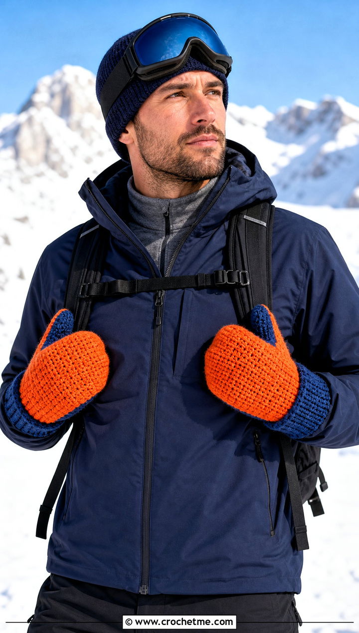 Two Tone Crochet Mittens With Ski Jacket - 25 Crochet Mens Mittens outfit ideas