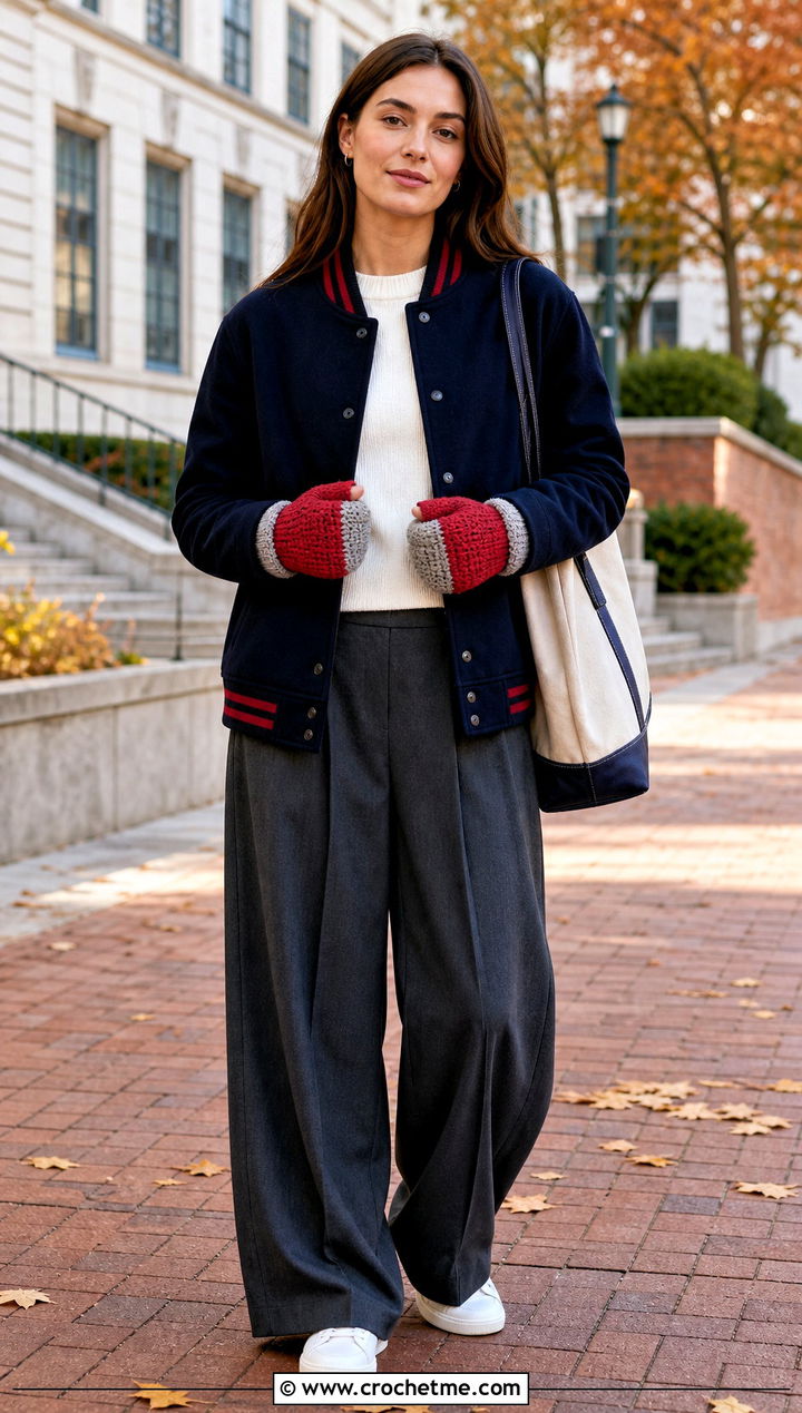 Two Tone Crochet Mittens With Varsity Jacket and Pleated Pants - 25 Simple Crochet Mittens outfit ideas