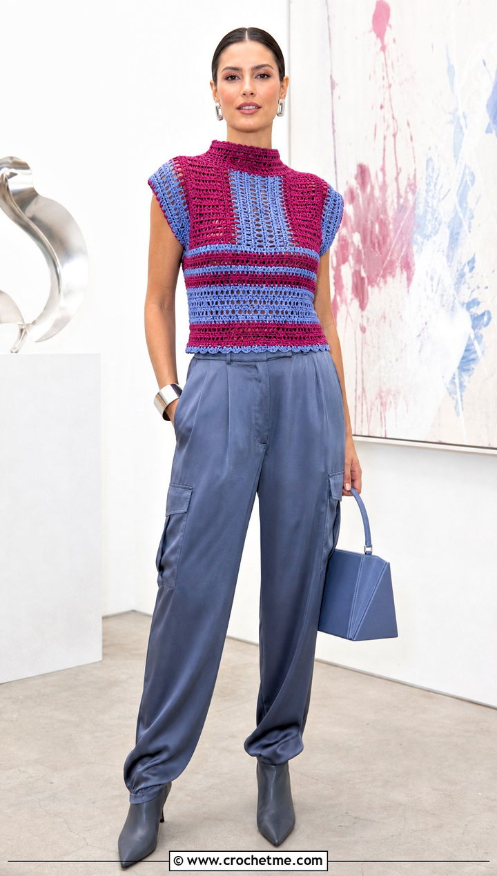 Two Tone Crochet Mock Neck Top With Satin Cargo Pants - 30 2 Color Crochet Top outfit ideas