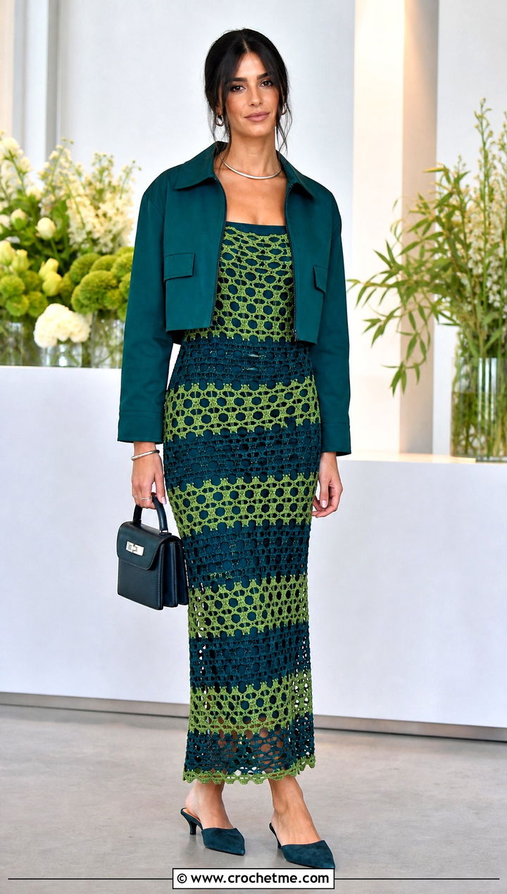 Two Tone Crochet Net Dress With Monochrome Layers - 25 crochet net dress outfit ideas