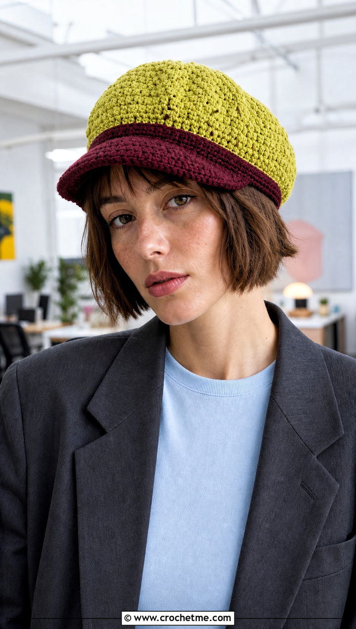 Two Tone Crochet Newsboy Cap With Trouser Suit - 30 Two Colors Crochet Hat outfit ideas