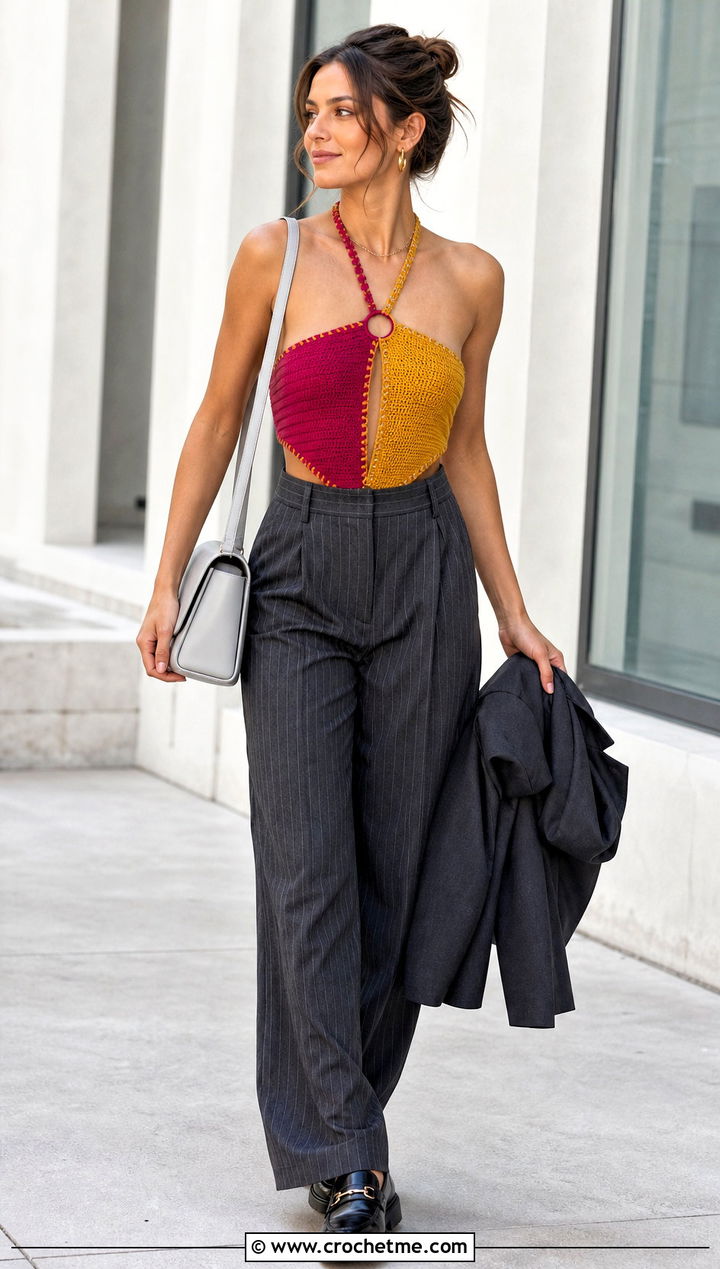 Two Tone Crochet O Ring Top With Pinstripe Pants - 25 Crochet Top With Ring In The Middle outfit ideas