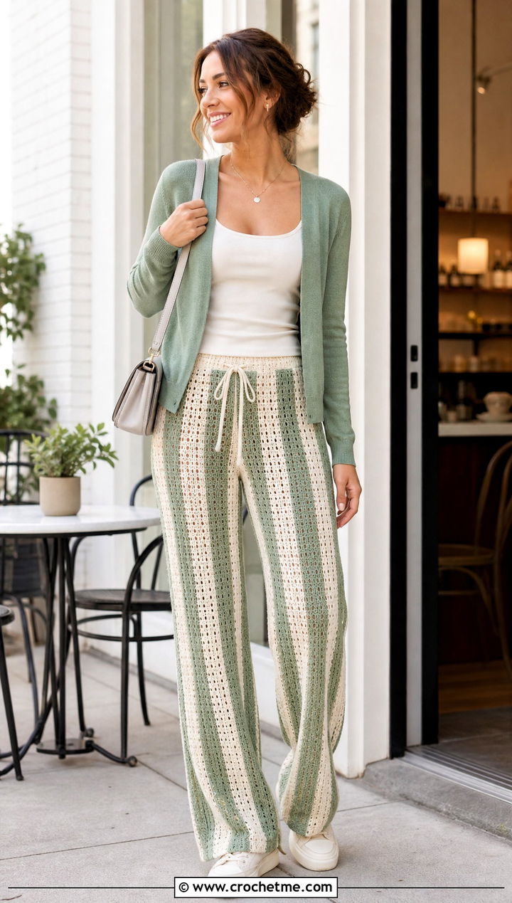 Two Tone Crochet Pants With Matching Cardigan - 30 Crochet Pant Outfit ideas