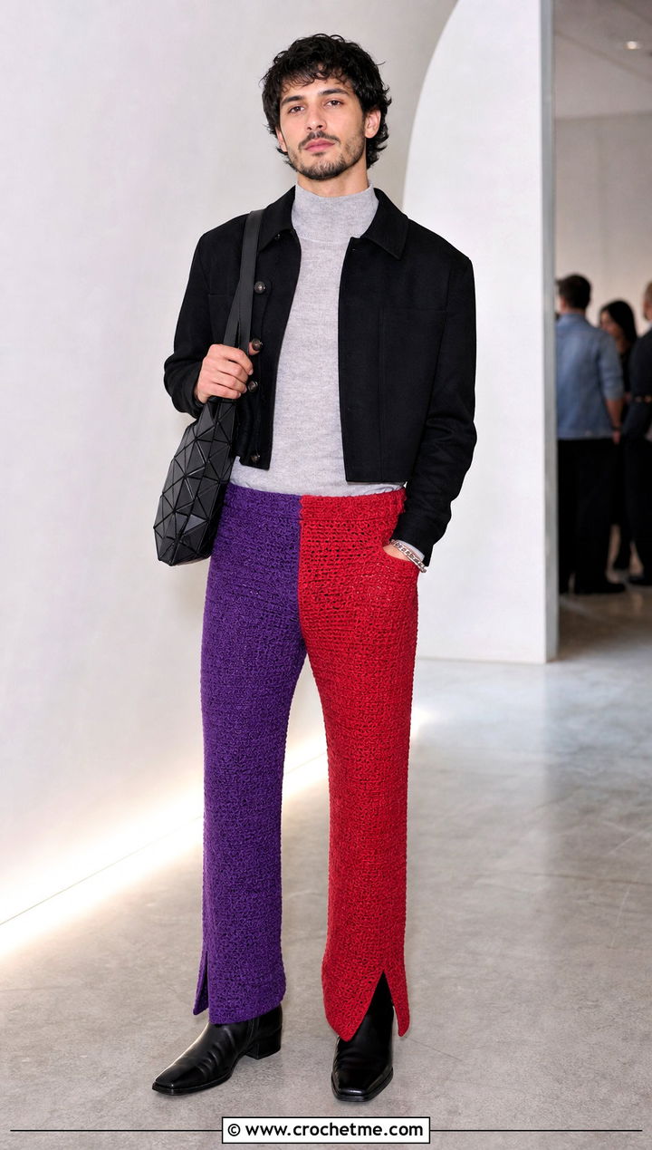 Two Tone Crochet Pants With Mock Neck Top - 30 mens crochet pants outfit ideas