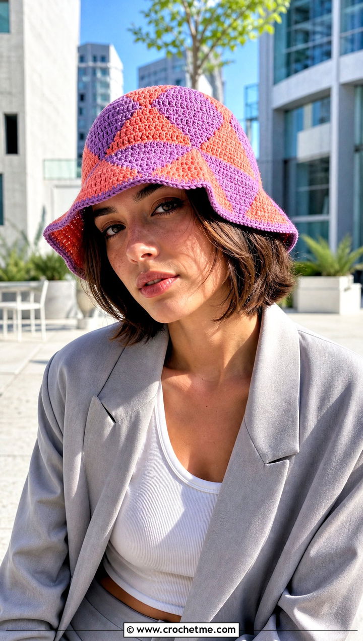 Two Tone Crochet Patchwork Hat With Blazer And Shorts - 30 Two Colors Crochet Hat outfit ideas