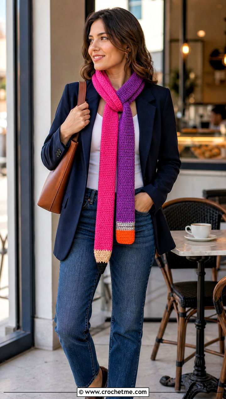 Two Tone Crochet Pencil Scarf With Blazer And Jeans - 25 Crochet Pencil Scarf outfit ideas