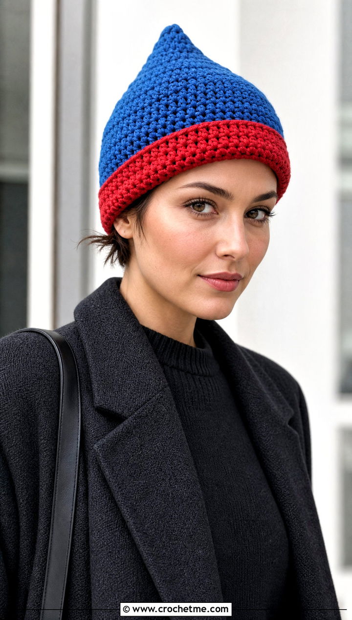 Two Tone Crochet Pixie Hat With Monochrome Outfit - 30 crochet pixie hat outfit ideas
