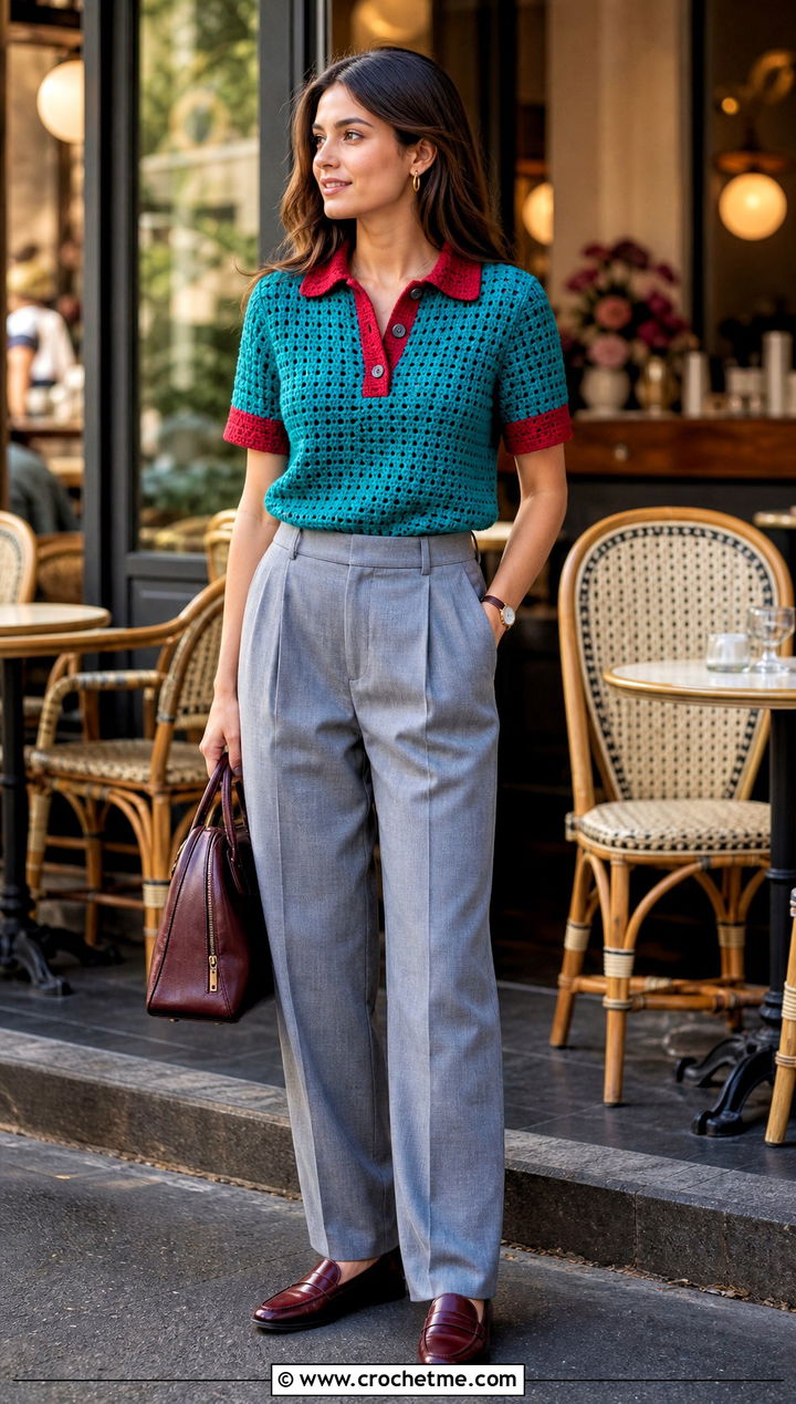 Two Tone Crochet Polo Top With Pleated Trousers - 25 Two Toned Crochet Top outfit ideas