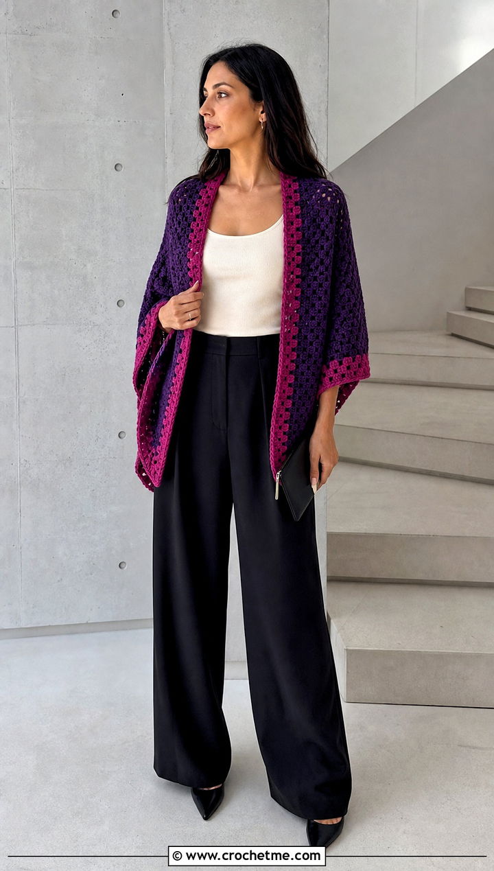 Two Tone Crochet Poncho With Wide Leg Trousers - 20 crochet poncho for women outfit ideas