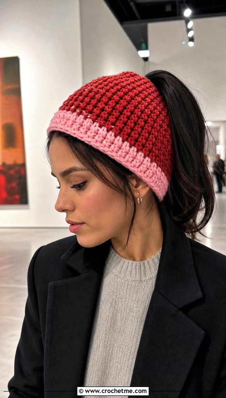Two Tone Crochet Ponytail Beanie With Leather Pants - 30 crochet hat with ponytail hole outfit ideas