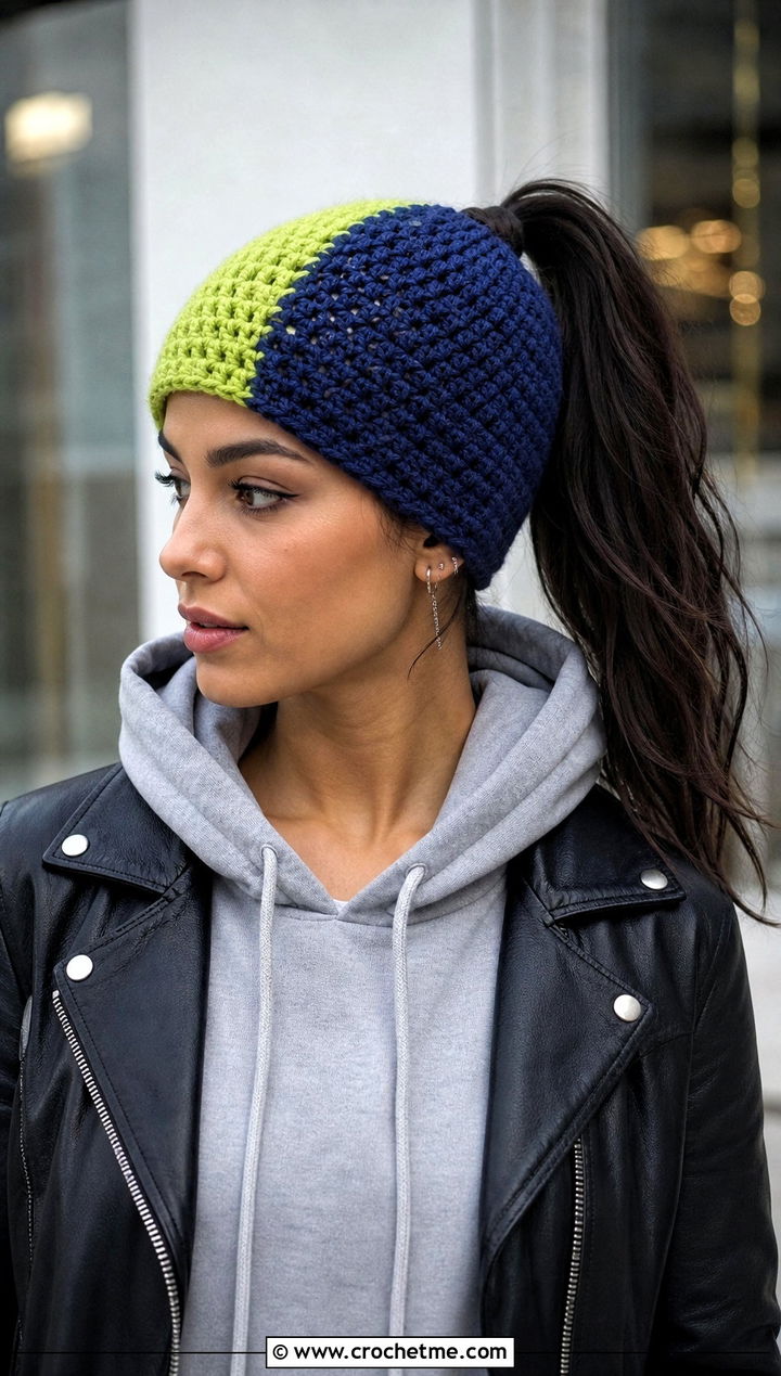 Two Tone Crochet Ponytail Beanie With Moto Jacket And Midi Skirt - 30 crochet beanie with ponytail hole outfit ideas