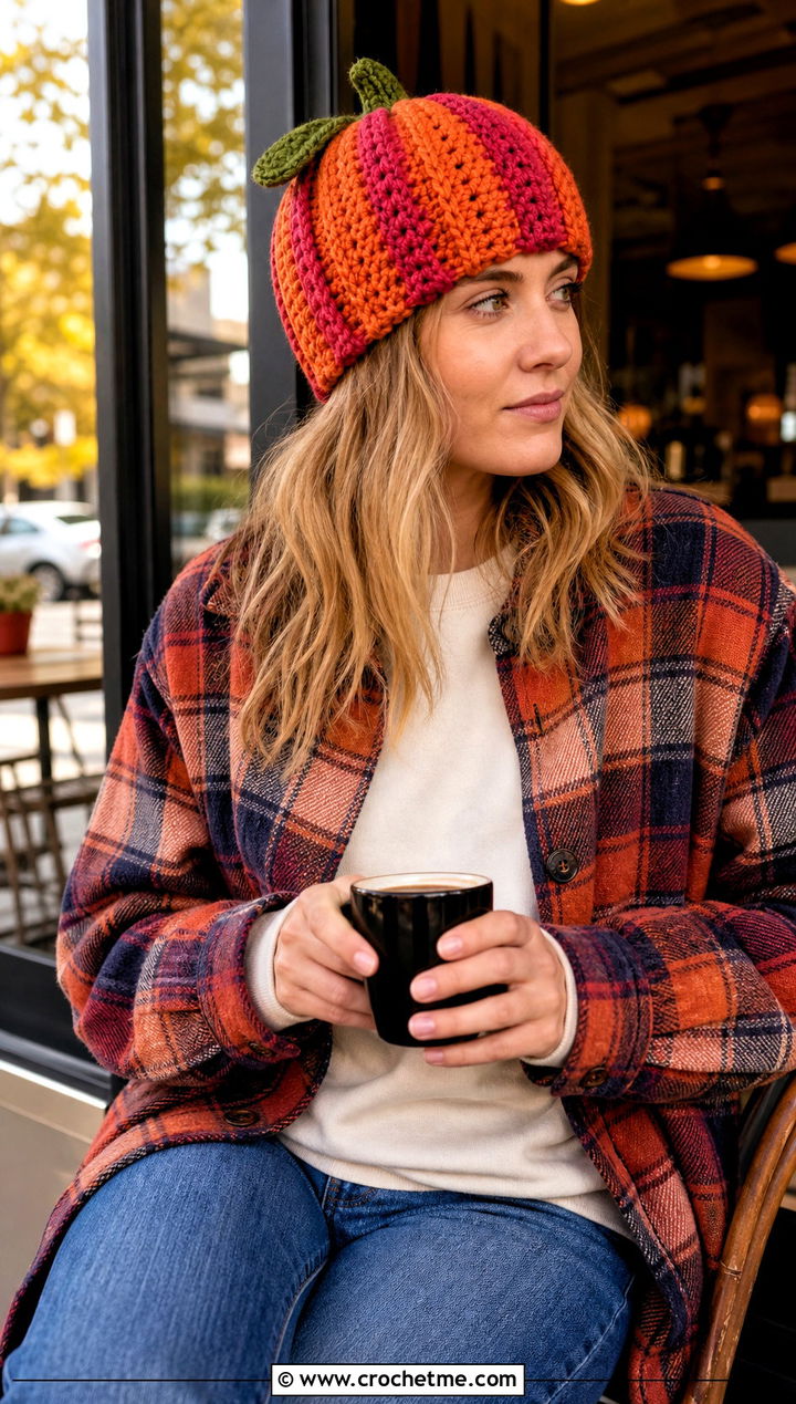 Two Tone Crochet Pumpkin Beanie With Plaid Shacket - 30 crochet pumpkin beanie outfit ideas