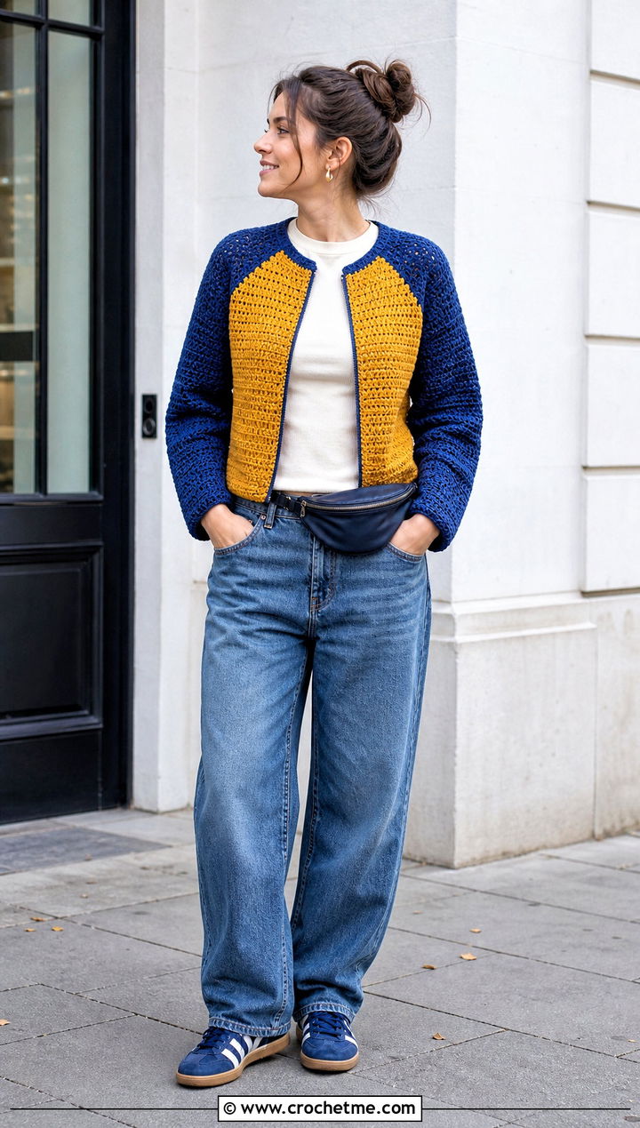 Two Tone Crochet Raglan Top With Barrel Jeans - 25 Crochet Two Tone Top outfit ideas