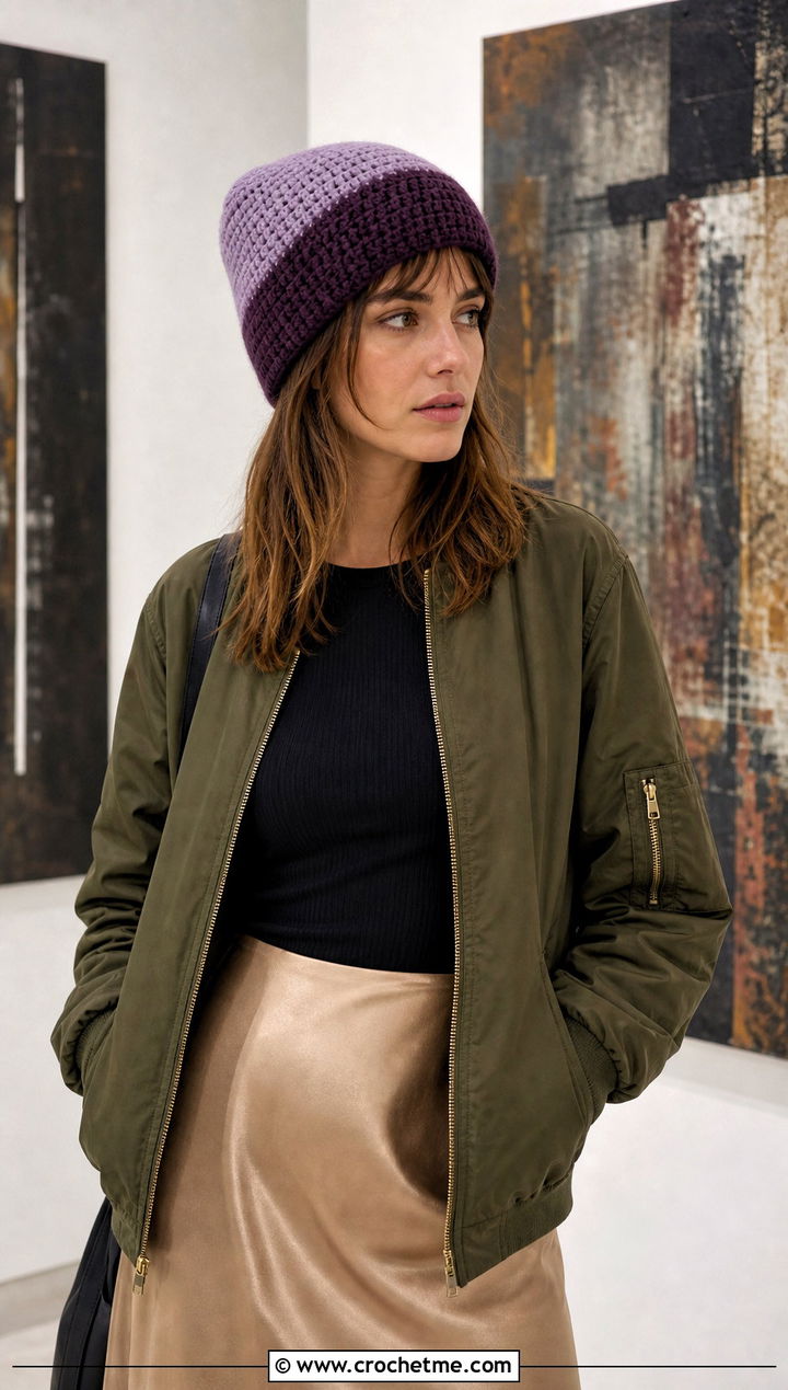 Two Tone Crochet Rectangle Beanie With Bomber Jacket And Satin Skirt - 25 Crochet Rectangle Beanie outfit ideas