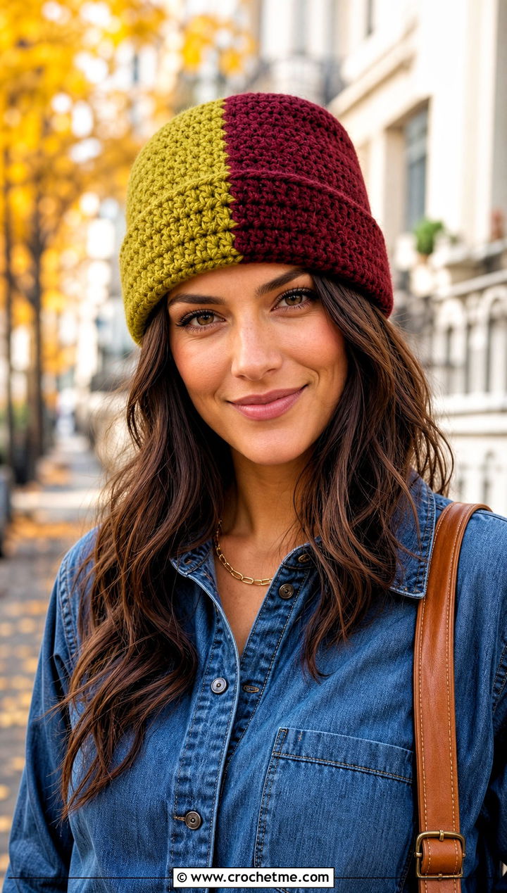Two Tone Crochet Rectangle Hat With Denim Shirt - 25 Crochet Rectangle Hat outfit ideas