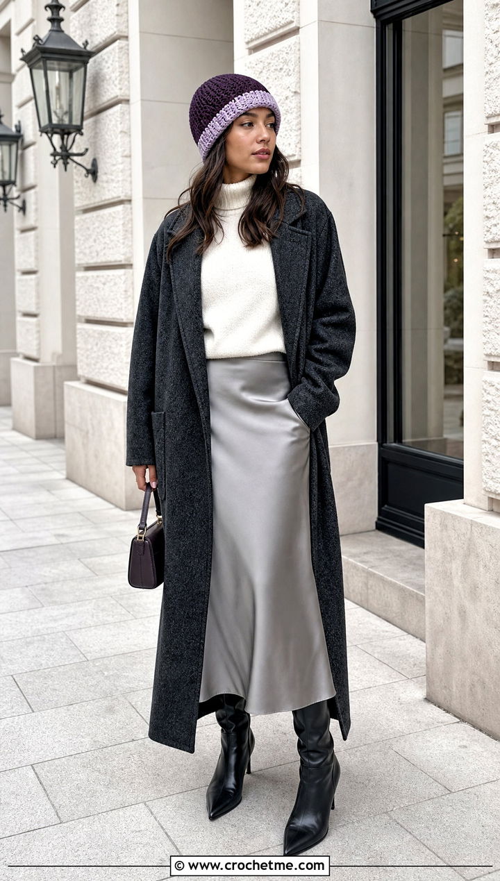 Two Tone Crochet Ribbed Beanie With Wool Coat And Satin Skirt - 35 crochet ribbed beanie outfit ideas