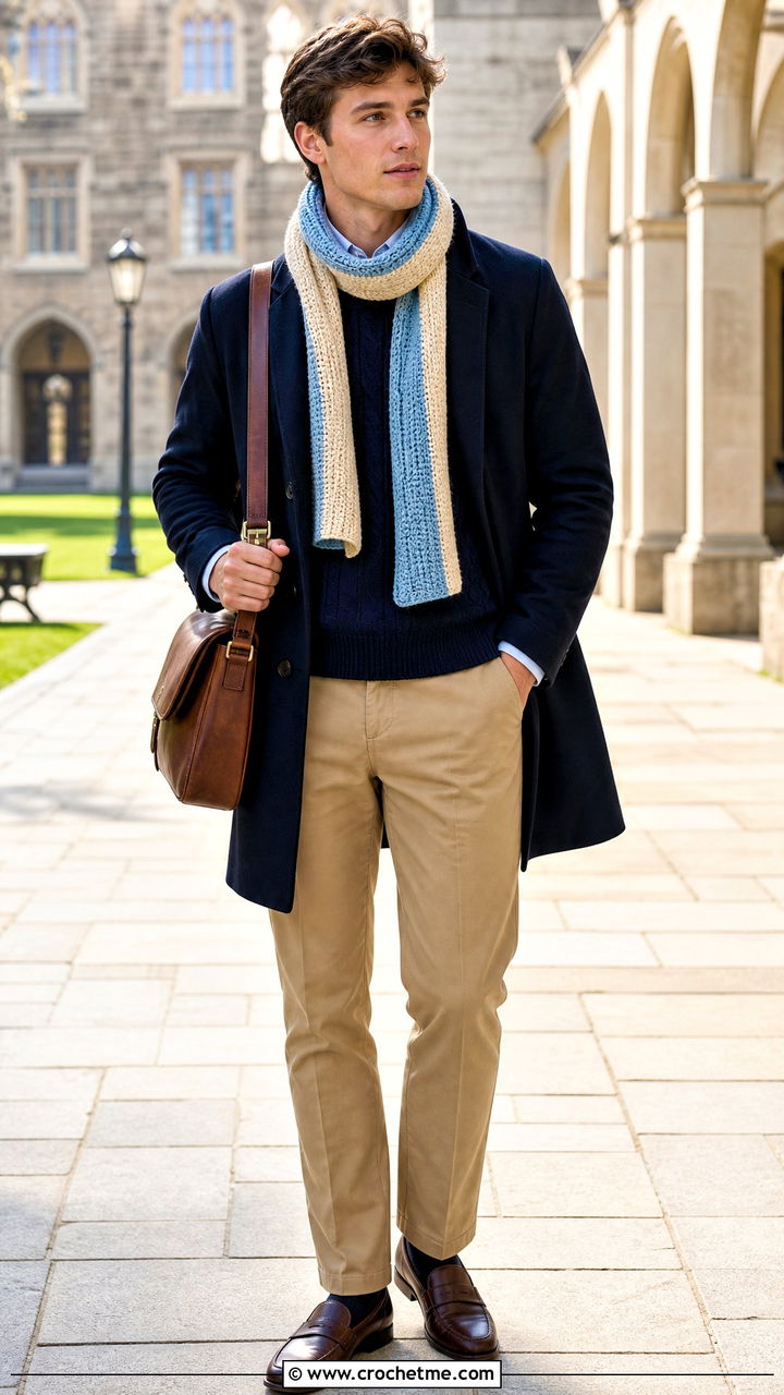 Two Tone Crochet Scarf With Preppy Outfit - 35 crochet scarf for men outfit ideas