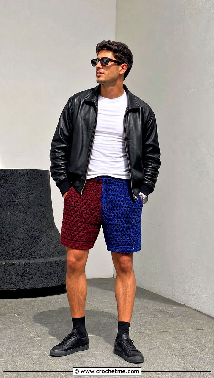 Two Tone Crochet Shorts With Leather Jacket - 25 Crochet Shorts Mens outfit ideas