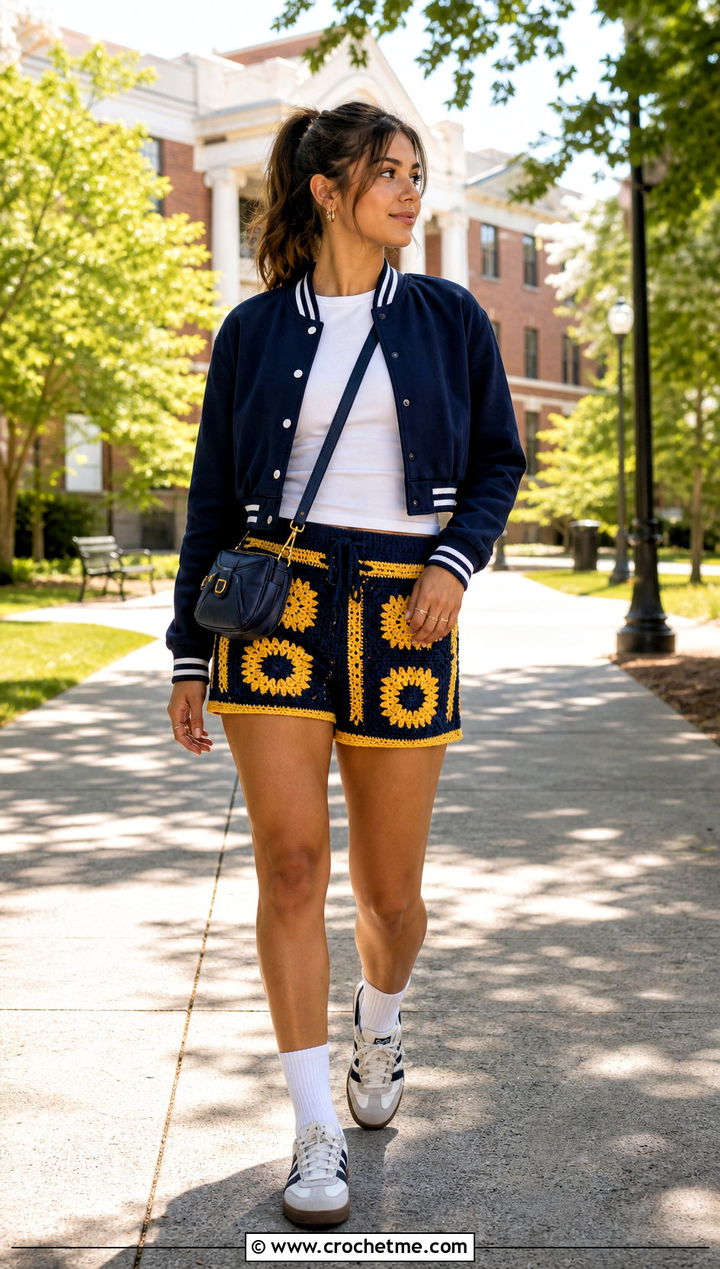 Two Tone Crochet Shorts With Varsity Jacket - 30 crochet baggy shorts outfit ideas