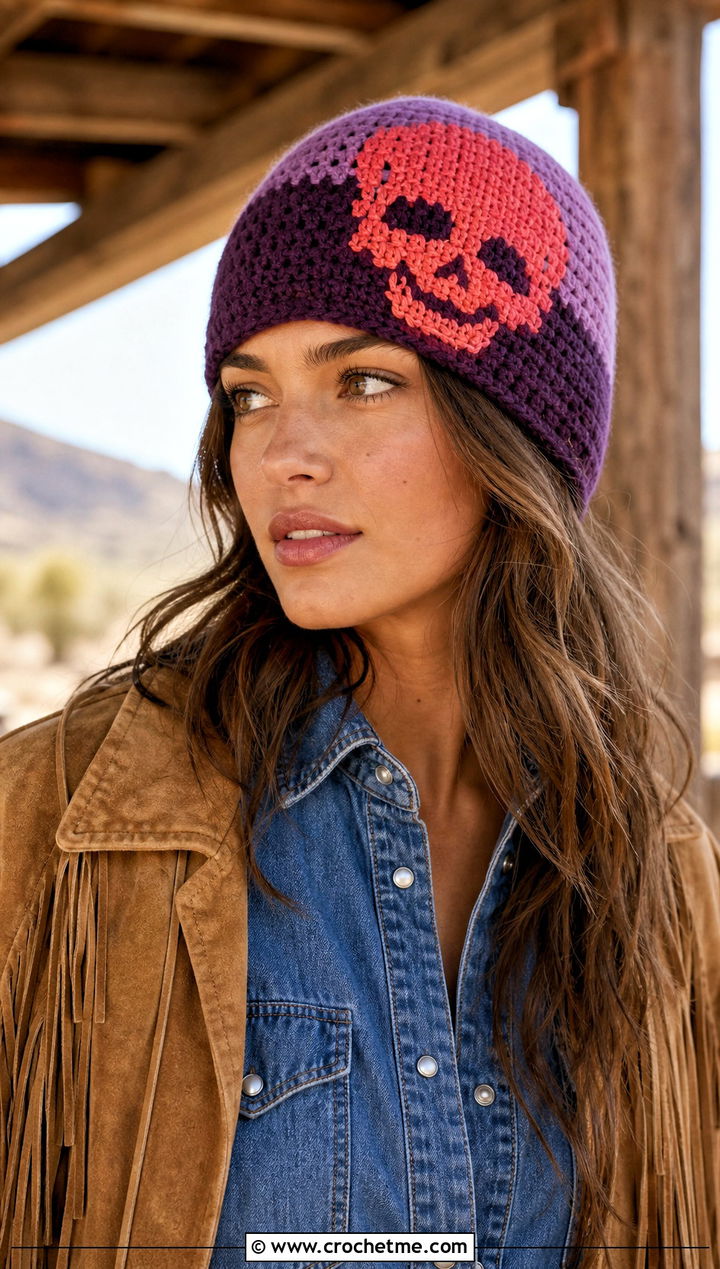 Two Tone Crochet Skull Beanie With Western Denim Outfit - 30 crochet skull beanie outfit ideas