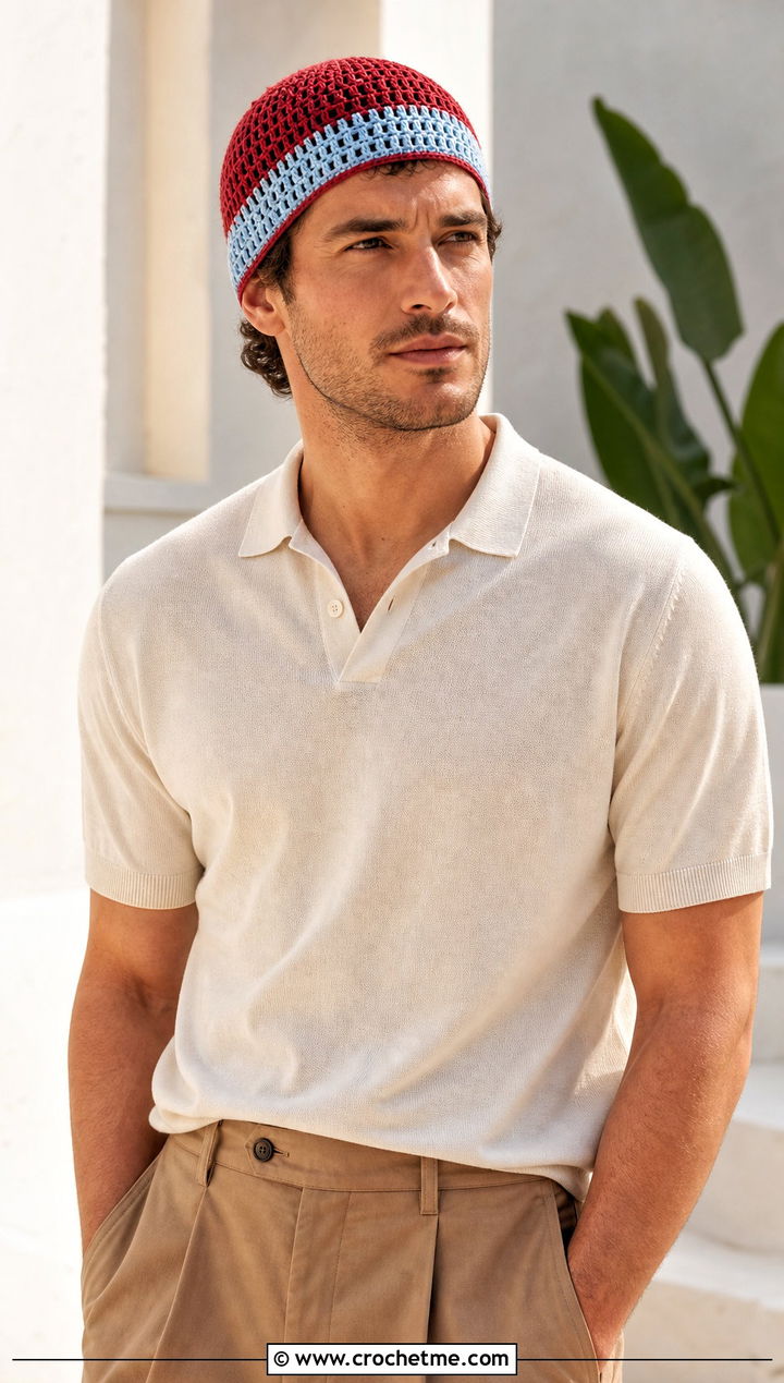 Two Tone Crochet Skull Cap With Polo And Pleated Trousers - 25 Mens Crochet Skull Cap outfit ideas
