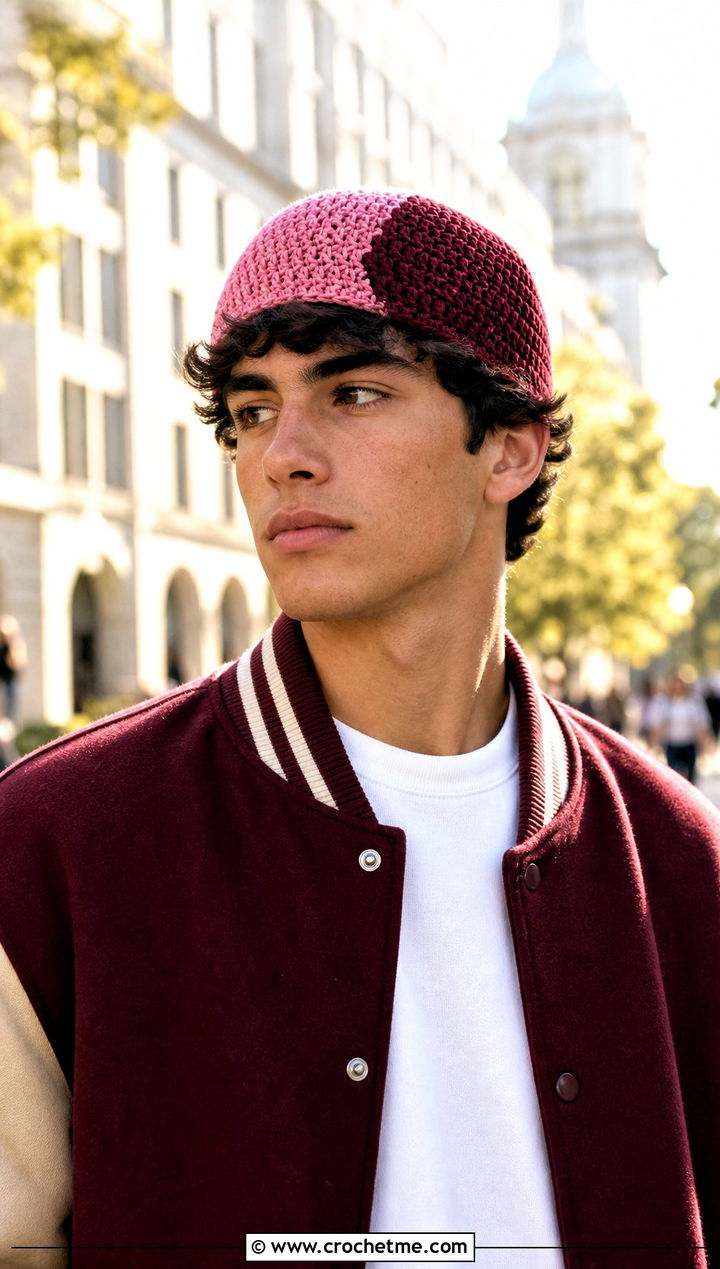 Two Tone Crochet Skull Cap With Varsity Jacket And Straight Jeans - 25 Crochet Skull Cap For Men outfit ideas