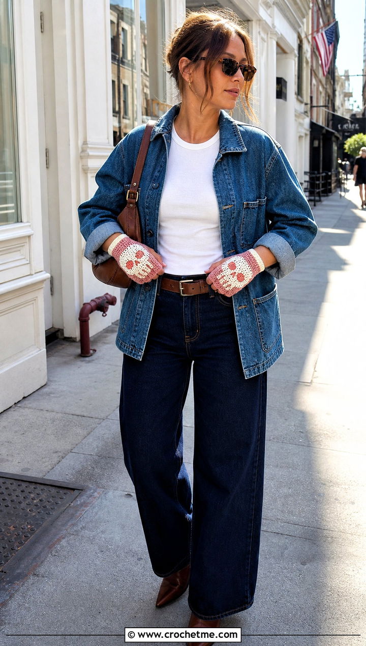 Two Tone Crochet Skull Gloves With Double Denim - 15 Crochet Skull Gloves outfit ideas