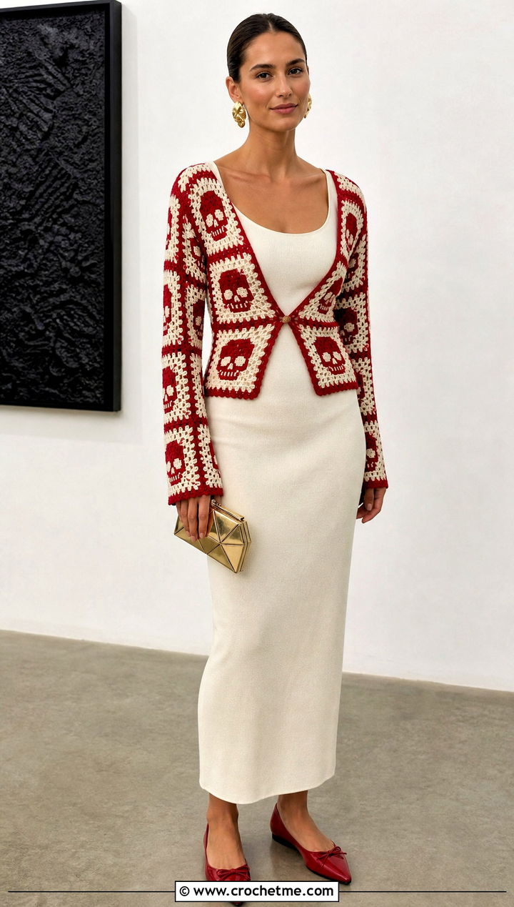 Two Tone Crochet Skull Granny Square Cardigan With A Column Dress - 25 crochet skull granny square cardigan outfit ideas