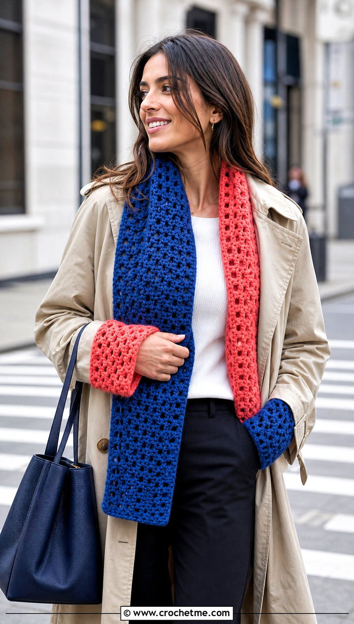 Two Tone Crochet Sleeve Scarf With Trench Coat - 30 crochet sleeve scarf outfit ideas