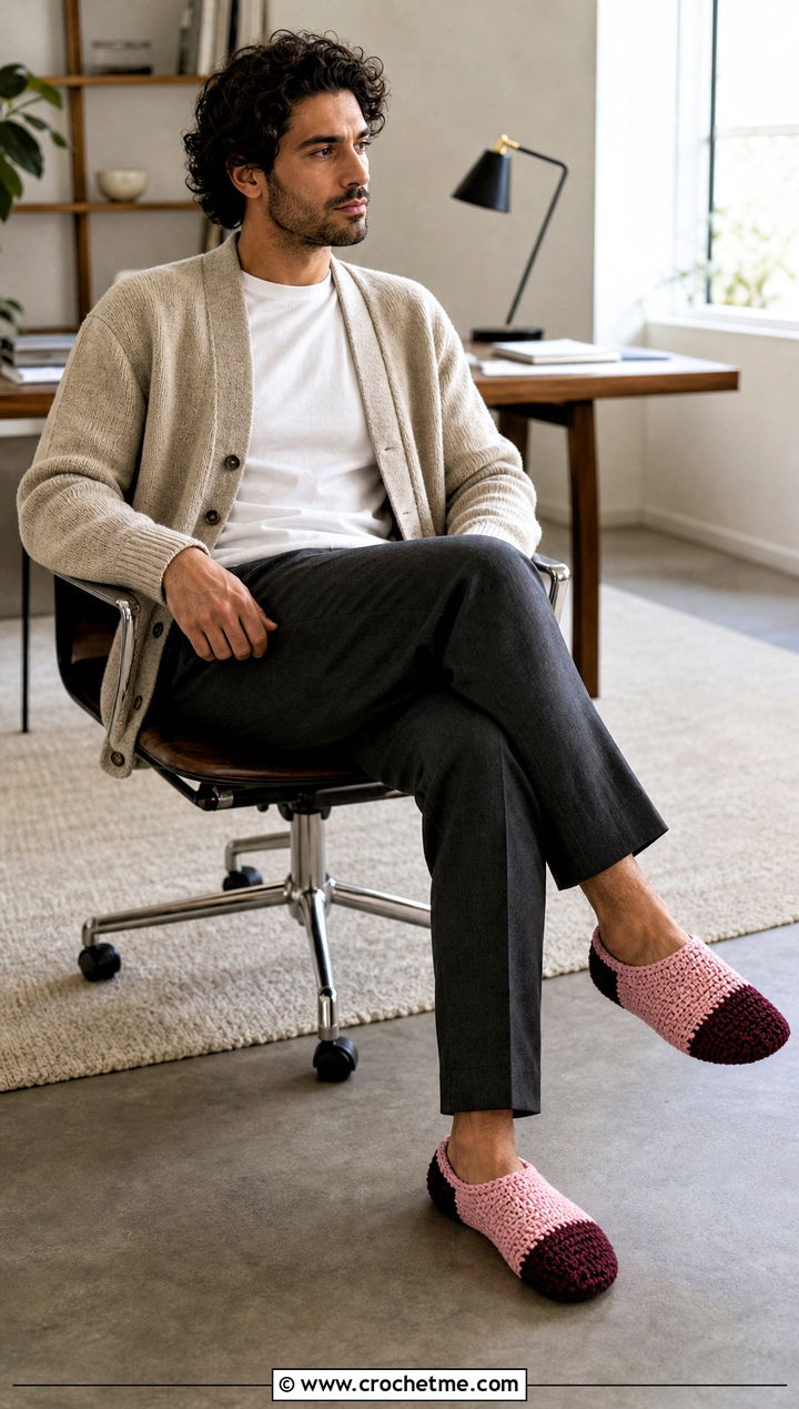 Two Tone Crochet Slippers With Cardigan And Pleated Pants - 30 easy mens crochet slippers outfit ideas