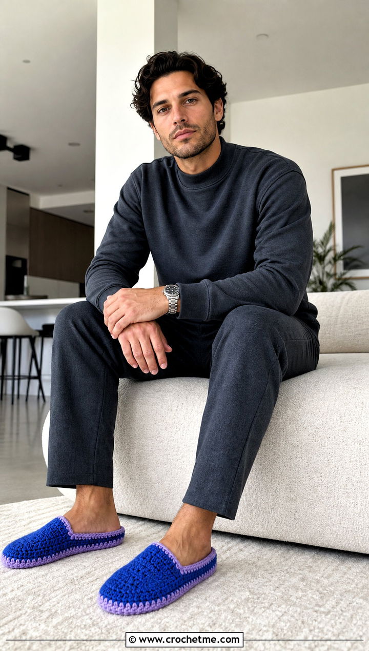 Two Tone Crochet Slippers With Monochrome Loungewear - 25 crochet slippers for men outfit ideas