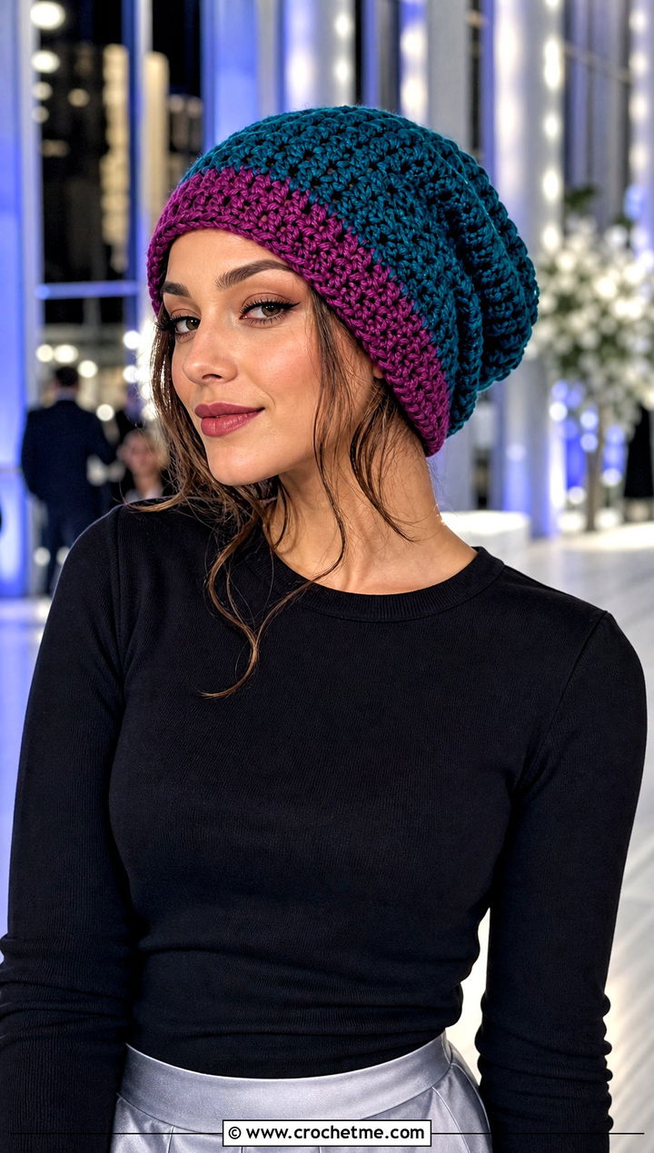 Two Tone Crochet Slouchy Beanie With Satin Skirt - 30 Two Colors Crochet Hat outfit ideas