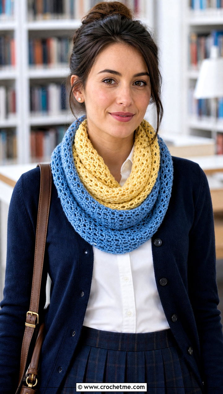 Two Tone Crochet Snood Scarf With Preppy Cardigan - 25 snood crochet scarf outfit ideas