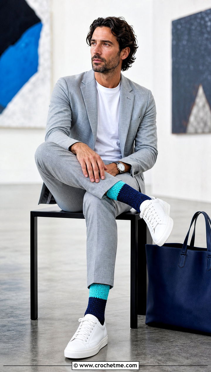 Two Tone Crochet Socks With Suit And Sneakers - 25 men's crochet socks outfit ideas