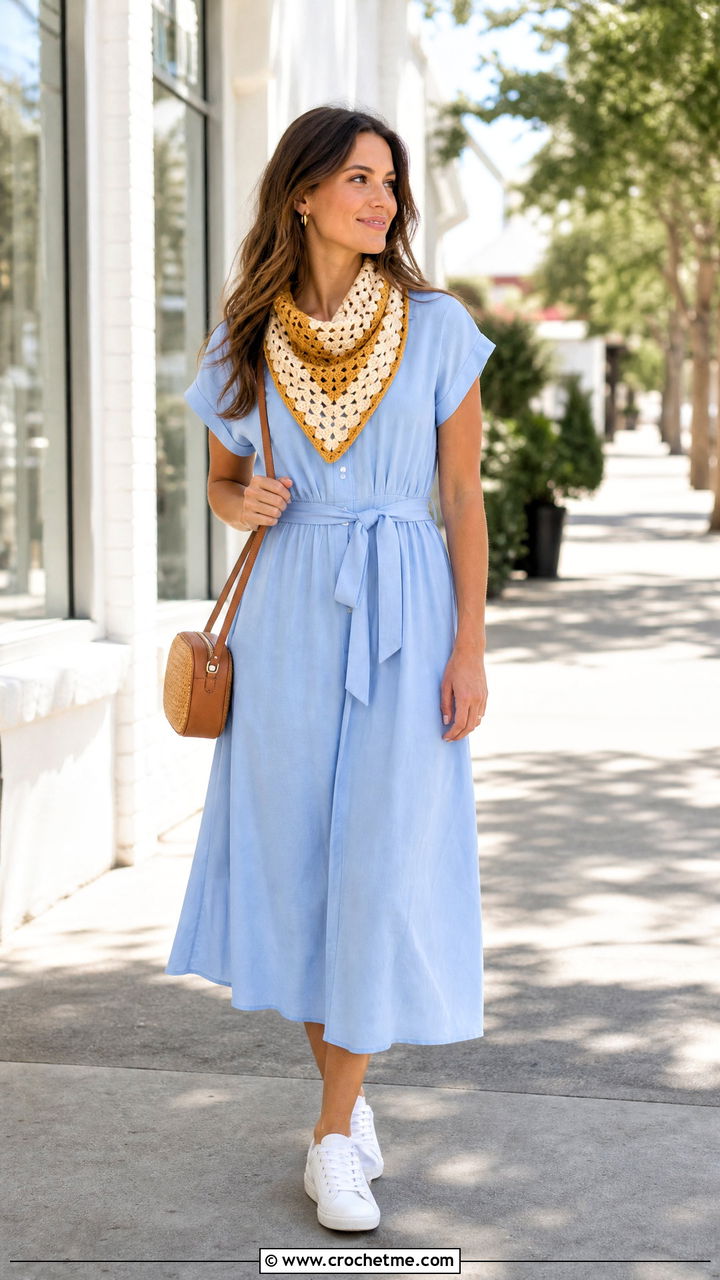 Two Tone Crochet Sophie Scarf With Poplin Dress And Sneakers - 35 crochet sophie scarf outfit ideas