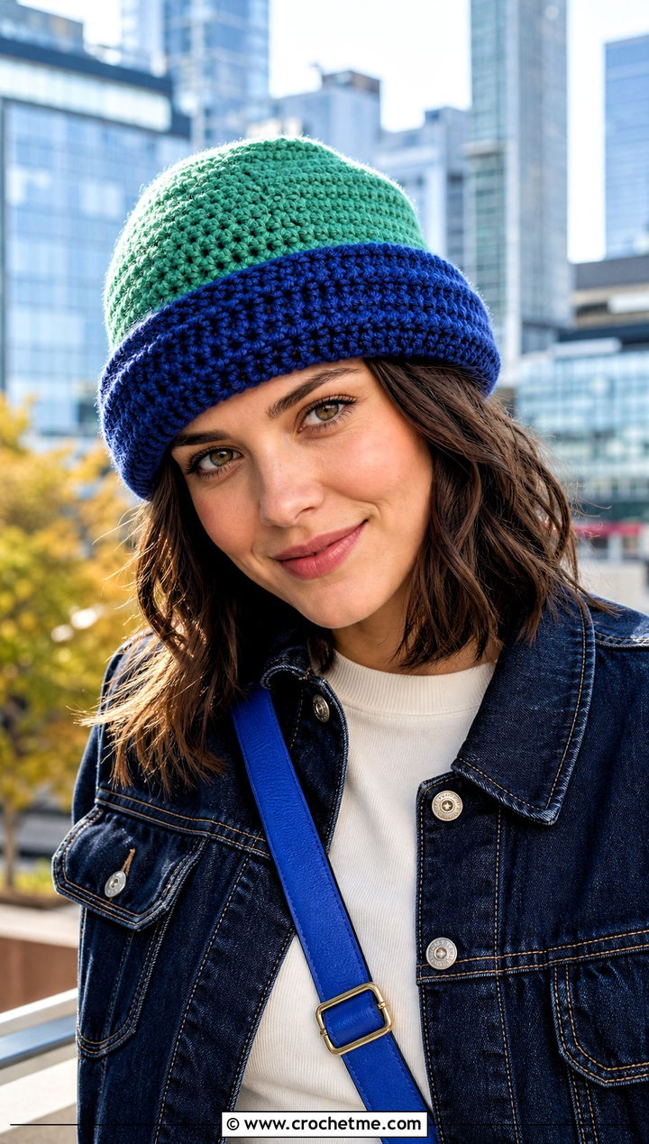 Two Tone Crochet Stocking Cap With Denim Skirt - 30 crochet stocking cap outfit ideas