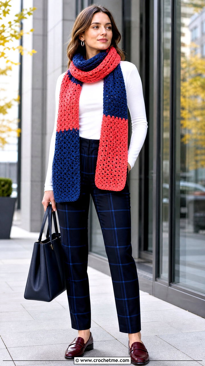 Two Tone Crochet Sweater Scarf With Plaid Trousers - 35 crochet sweater scarf outfit ideas