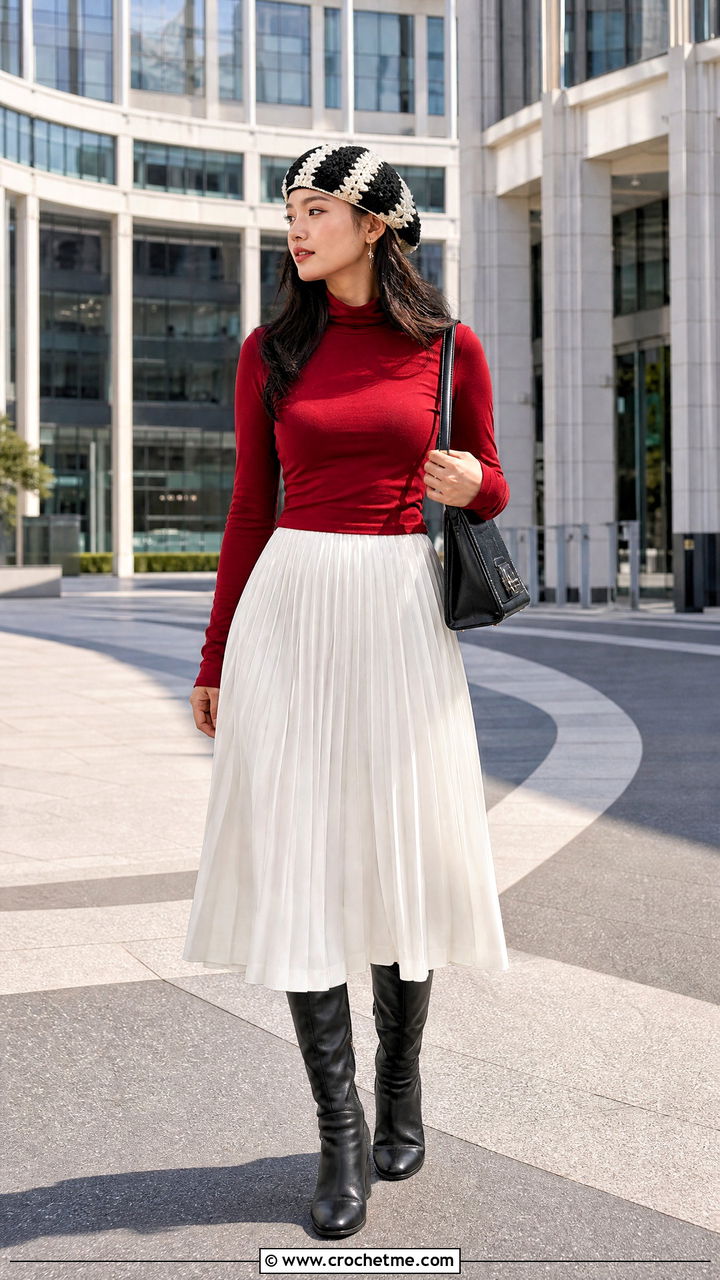 Two Tone Crochet Tam With Pleated Skirt - 35 black and white crochet hat outfit ideas