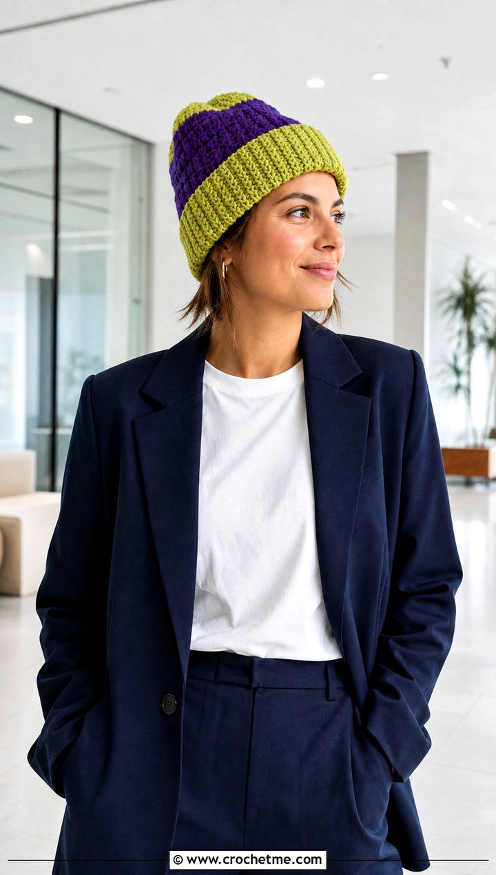 Two Tone Crochet Team Beanie With Pantsuit And Sneakers - 20 Crochet Team Hat outfit ideas
