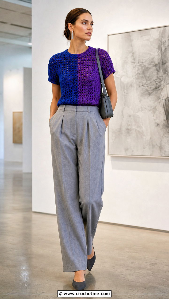 Two Tone Crochet Tee With Pleated Trousers - 35 crochet tee outfit ideas