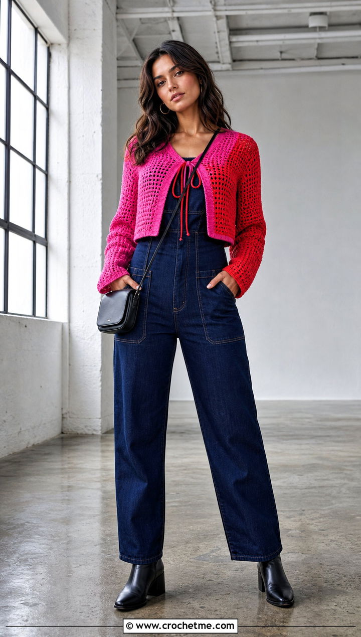 Two Tone Crochet Tie Cardigan With Denim Jumpsuit - 35 crochet tie cardigan outfit ideas