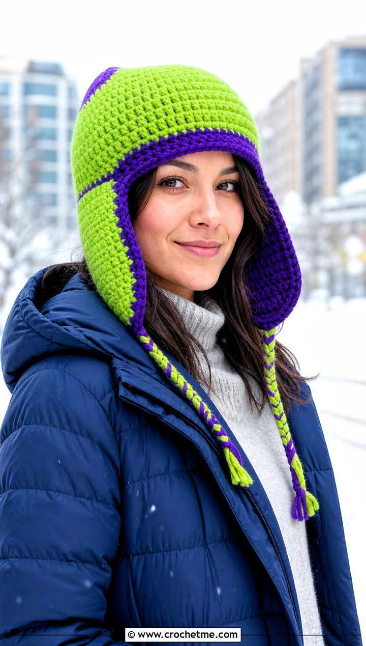 Two Tone Crochet Trapper Hat With Puffer Coat - 30 Two Colors Crochet Hat outfit ideas