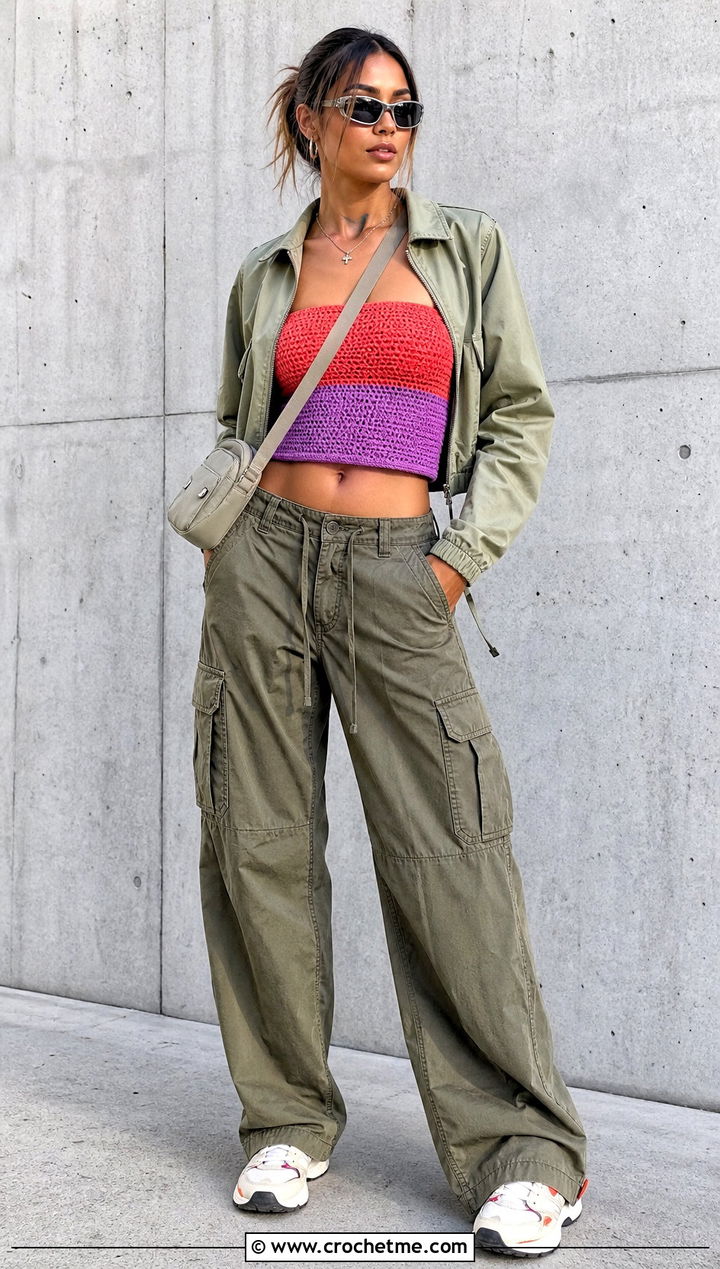 Two Tone Crochet Tube Top With Cargo Pants - 25 Crochet Two Tone Top outfit ideas