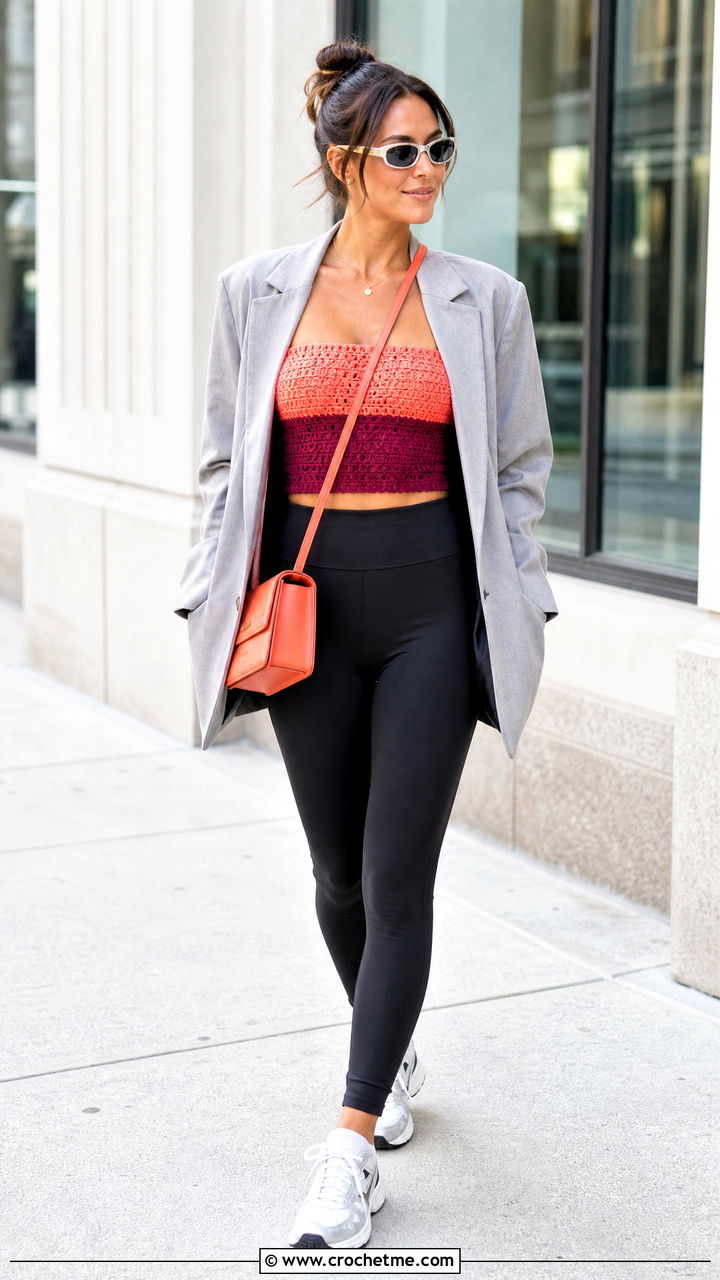 Two Tone Crochet Tube Top With Leggings And Blazer - 35 crochet tube top outfit ideas