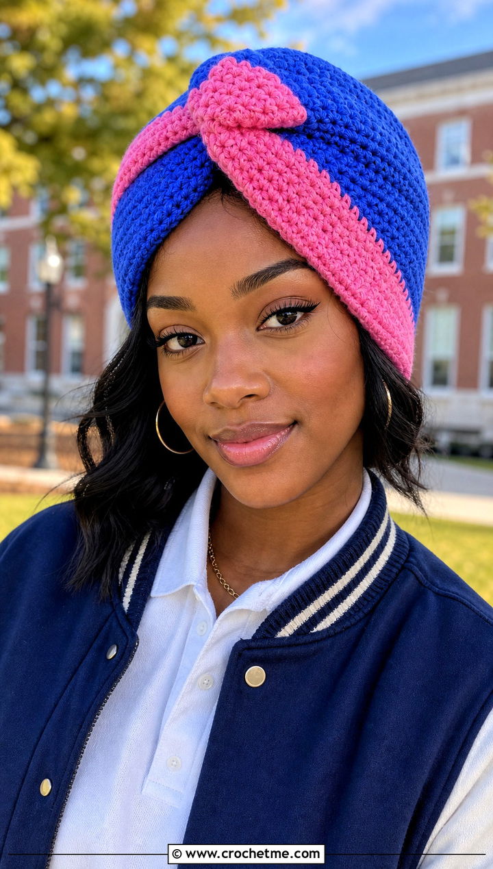 Two Tone Crochet Turban Hat With Varsity Jacket And Pleated Skirt - 35 crochet turban hat outfit ideas