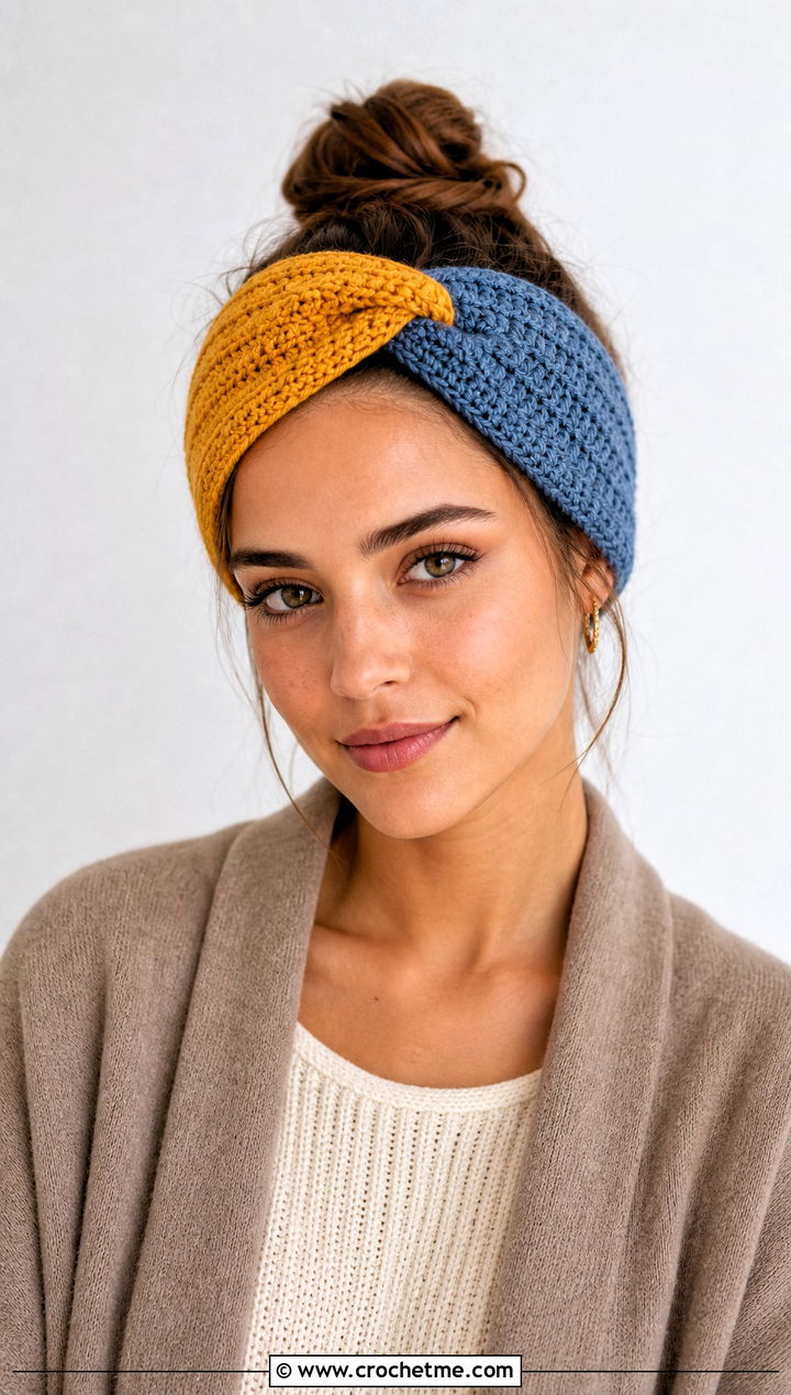 Two Tone Crochet Twist Headband With Monochrome Outfit - 30 crochet twist headband outfit ideas