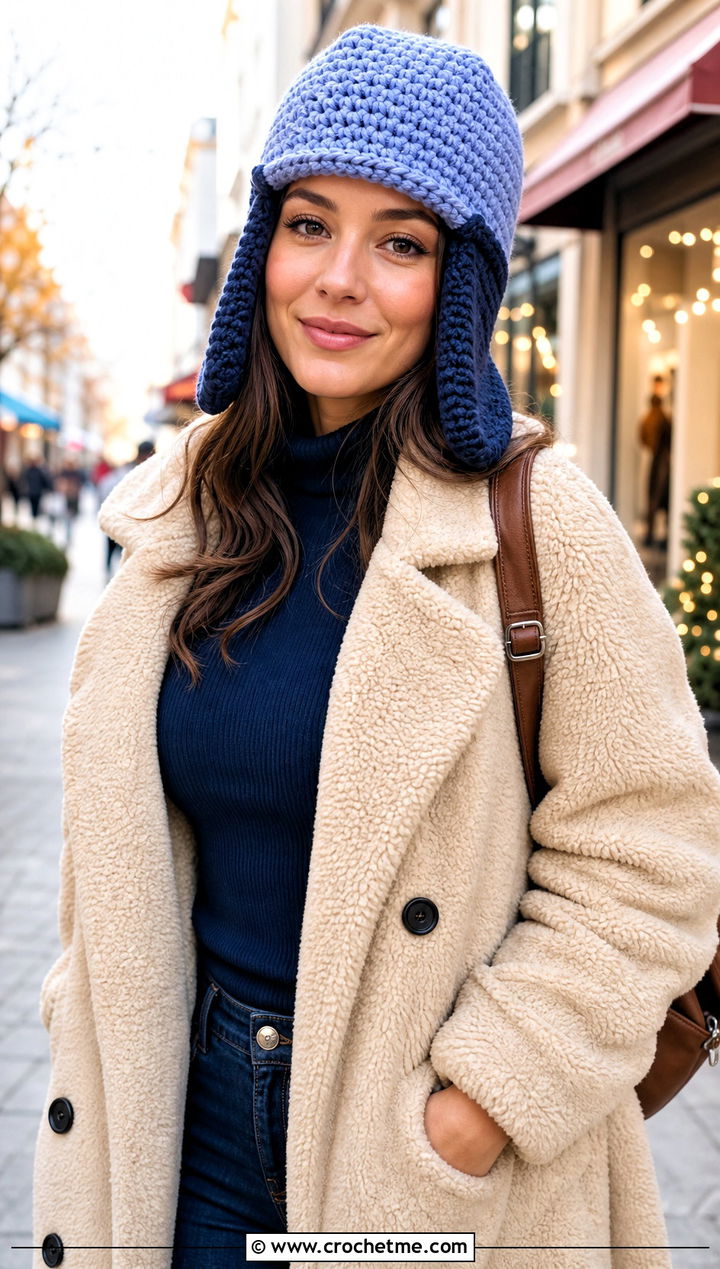 Two Tone Crochet Ushanka With Teddy Coat - 35 crochet russian hat outfit ideas