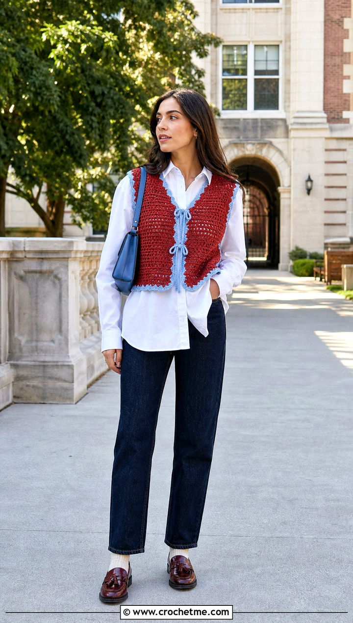 Two Tone Crochet Vest With Button Down Shirt And Jeans - 25 Two Toned Crochet Top outfit ideas