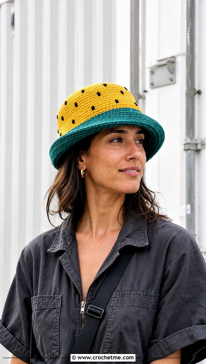 Two Tone Crochet Watermelon Bucket Hat With Utility Jumpsuit - 30 crochet watermelon bucket hat outfit ideas